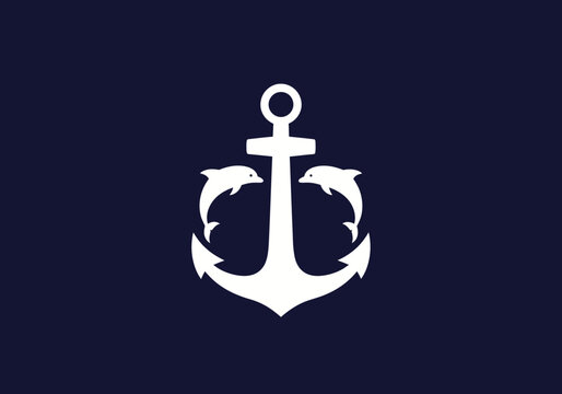 White anchor with two dolphins logo on dark blue background