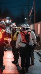 Naklejka premium Emergency response team members in protective gear at night. A group of professionals wearing helmets and gas masks are gathered outdoors at night, ready for a hazardous situation