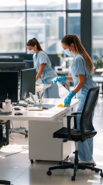 Professional cleaners in masks disinfecting office desks with spray bottles and cloths. Women in blue uniforms face masks meticulously clean disinfect office workstations ensuring hygienic environment