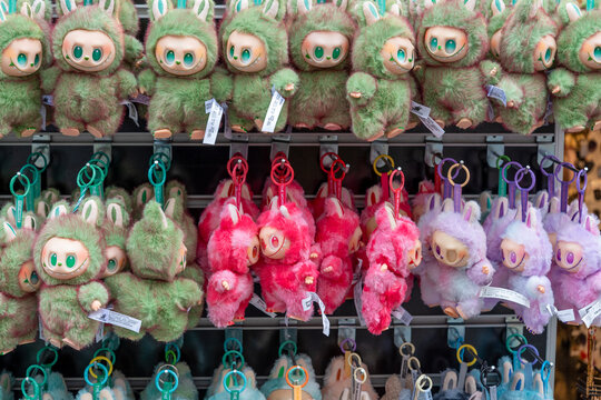 Turkey, Istanbul, May 20, 2026. A variety of Labubu toys displayed on a store shelf so that children can look at them and choose which ones they want on a busy shopping day