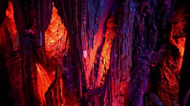 Glowing lava cave with molten red rock formations and fiery underground texture