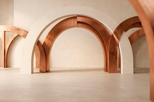 Abstracto interior 3D con arcos de cobre y yeso, arquitectura minimalista contempor&aacute;nea.