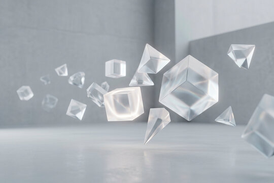 Composici&oacute;n 3D de cubos y pir&aacute;mides de cristal flotando en espacio minimalista luminoso.