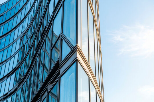 Fachada curva de edificio corporativo moderno de cristal reflejando el cielo azul.