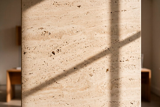 Textura natural de piedra travertino beige con sombras diagonales duras en interior.