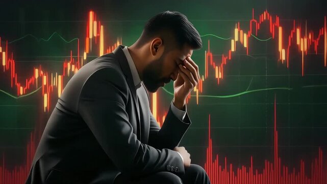 Stressed businessman sitting in front of declining financial stock market charts showing economic crisis and investment loss in motion