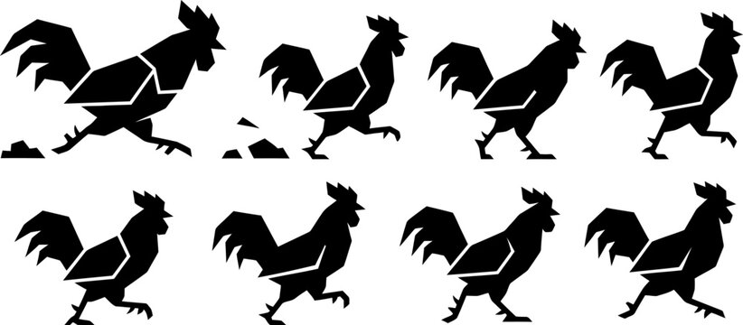 Collection of geometric rooster silhouettes in various walking poses for farm branding and poultry graphic design