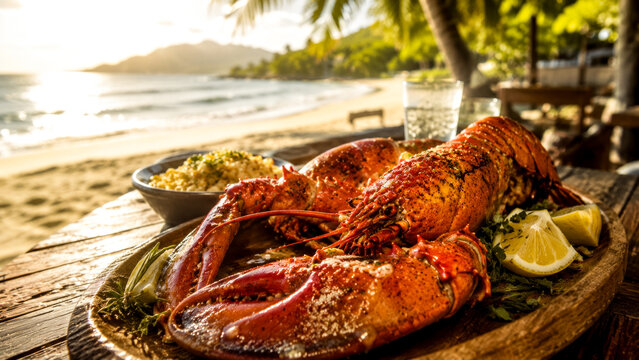 Freshly cooked lobster seafood served on rustic wooden beach restaurant table