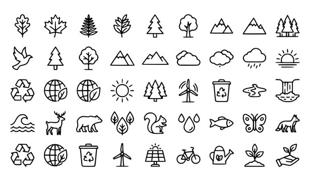 Ecology and Nature Line Icon Set Featuring Recycle, Solar Energy, Wild Animals, Trees, Mountains, and Green Environment Symbols for Sustainable Web Design