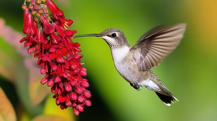 Fototapeta premium hummingbird hovers mid-air, feeding on a cluster of vibrant red tubular flowers against a soft green bokeh background, nature photography, editorial content, or decorative prints.