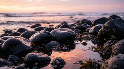 Naklejka premium Wet rocks on beach at sunset
