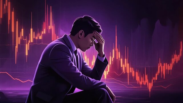 Stressed businessman sitting against a glowing digital stock market graph showing heavy financial losses and economic market decline