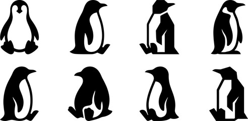 Set of eight adorable penguin silhouettes showcasing diverse sitting and standing poses for creative arctic design © Vecto_Pixels