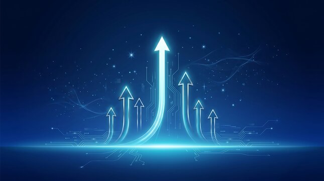 Three luminous cyan arrows curve upwards on a dark gradient background, representing advancement, development, and forward movement in a digital or conceptual context.