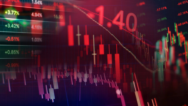 Global financial market crash and economic recession trends are represented by declining stock exchange candlestick charts, negative percentage figures, and a falling red indicator line.