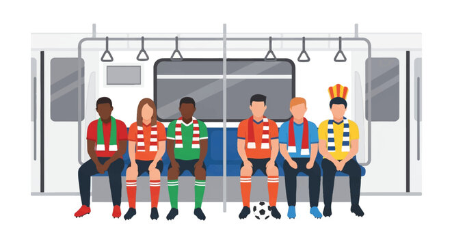 Diverse soccer fans sitting inside a clean subway train car, wearing colorful generic jerseys and scarves, urban public transport setting, minimalist aesthetic with heavy white space, minimalist