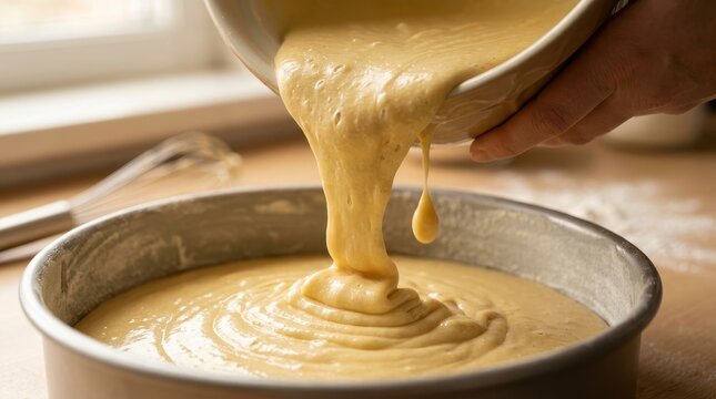 Pouring Cake Batter into Baking Pan - Culinary Preparation for Delicious Dessert.