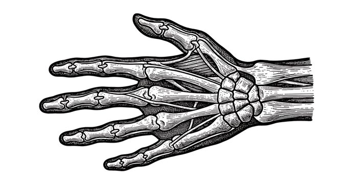 Medical illustration of human hand skeletal structure