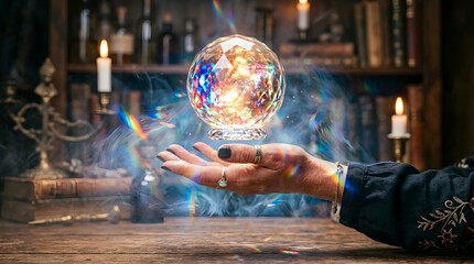 Fototapeta premium Mystical crystal ball held by a person in a dark room with glowing candles