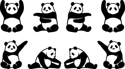 Collection of eight playful giant panda silhouettes in sitting and waving poses for wildlife and conservation design © Vecto_Pixels