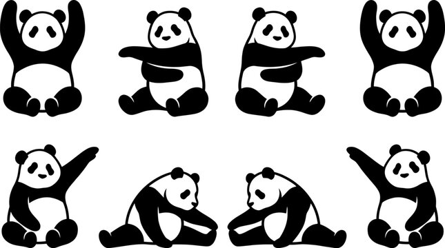 Collection of eight playful giant panda silhouettes in sitting and waving poses for wildlife and conservation design