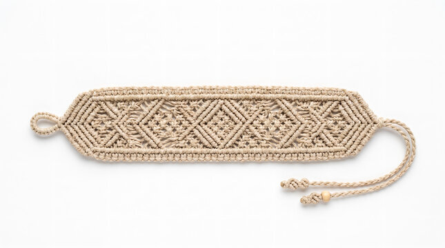 Handmade macrame bracelet with beige cord and geometric diamond pattern on clean white background for fashion accessory stock photography