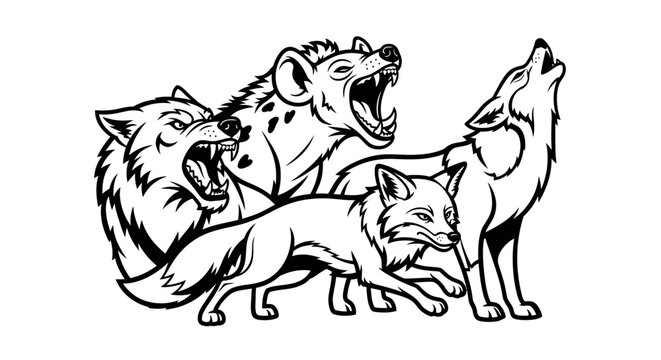 Graphic illustration of diverse wildlife wolves fox and hyena in monochrome style