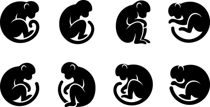 Detailed monkey silhouettes in various active poses isolated on white background for creative design assets