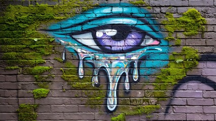 Fototapeta premium Crying eye graffiti on a brick wall