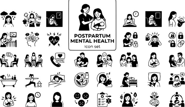 Postpartum Mental Health Icon Set Baby Blues Maternal Anxiety New Mother Support Perinatal Health Breastfeeding Stress Postnatal Care Vector Illustration