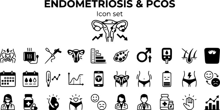 Endometriosis PCOS Icon Set Hormonal Imbalance Ovarian Cysts Menstrual Tracking FemTech Women Reproductive Health Vector Illustration