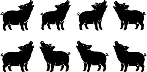 Small piglet silhouettes in various joyful and calling poses for agricultural and farm themed graphic design © Vecto_Pixels