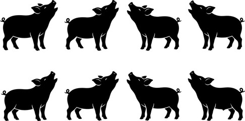 Cute piglet silhouettes in various standing and calling poses for agricultural branding and farm animal design © Vecto_Pixels