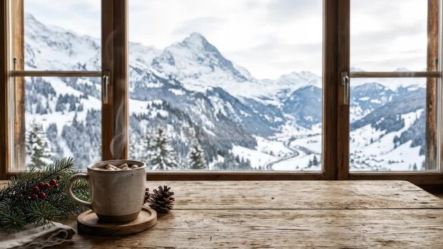 Winter seasonal tabletop with clear copy space, cozy holiday mockup for festive products, alpine travel campaigns and home comfort branding, inspired by snowy mountain landscape with empty wooden