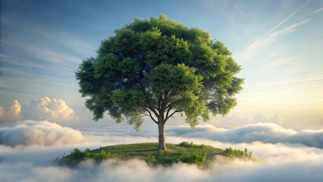 Tree isolated on white background with few misty clouds