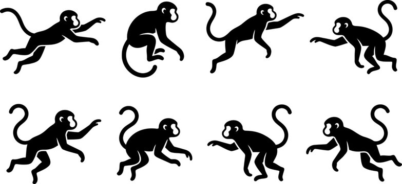 Detailed set of monkey silhouettes in various active poses for jungle wildlife and primate design elements