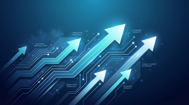 Upward pointing arrows crafted from circuit board lines ascend dynamically, signifying progress and technological advancement in a digital landscape.
