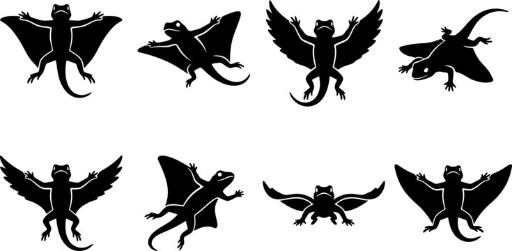 Collection of flying dragon lizard silhouettes showing various gliding poses and spread wing patterns