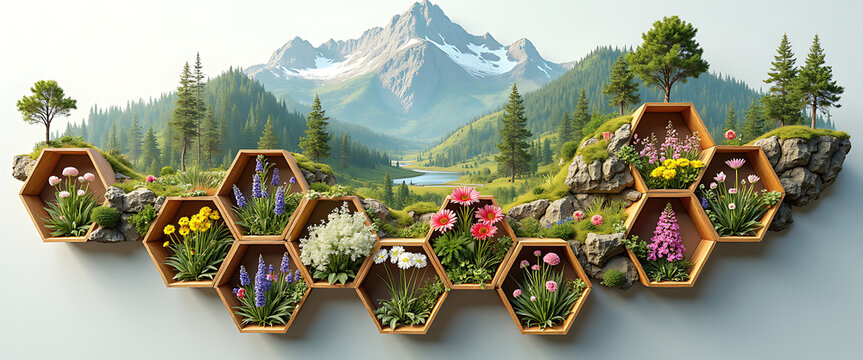 Hanging garden on cliff side with flowers and mountains serene nature landscape scenery.