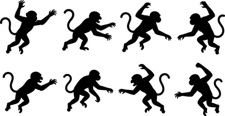 Collection of jumping monkey silhouettes in active and playful poses for wildlife graphic design projects © Vecto_Pixels