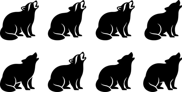 Set of howling wolf silhouettes in sitting and calling positions for wilderness and nature branding