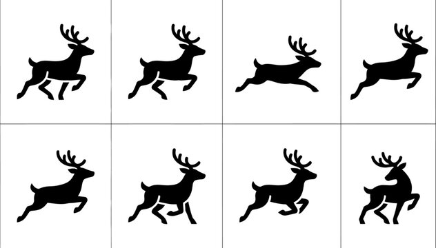 Collection of jumping deer silhouettes in flat black vector design for wildlife graphics