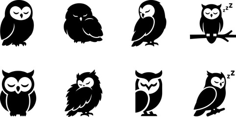 Set of sleeping and resting owl icons in flat vector style for night themed design © Vecto_Pixels