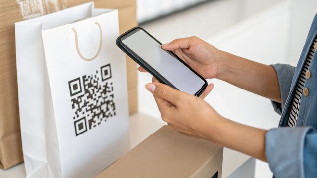 A person scans a QR code on a white shopping bag using a smartphone, illustrating contactless payments or digital interaction in retail.