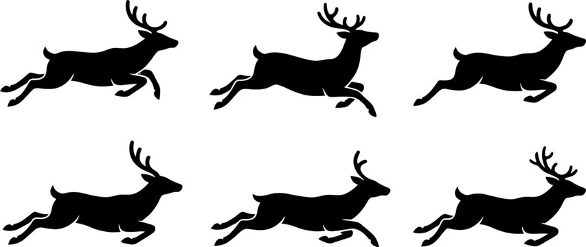 Set of jumping deer silhouettes in flat black vector design for forest wildlife art