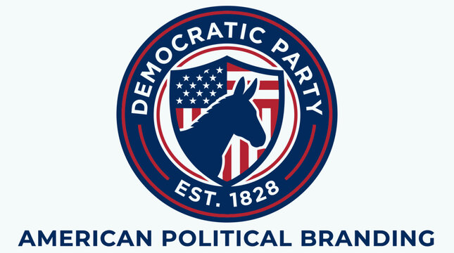 Circular emblem depicting a patriotic donkey against a flag pattern, symbolizing a long-standing political establishment with historical roots since its inception
