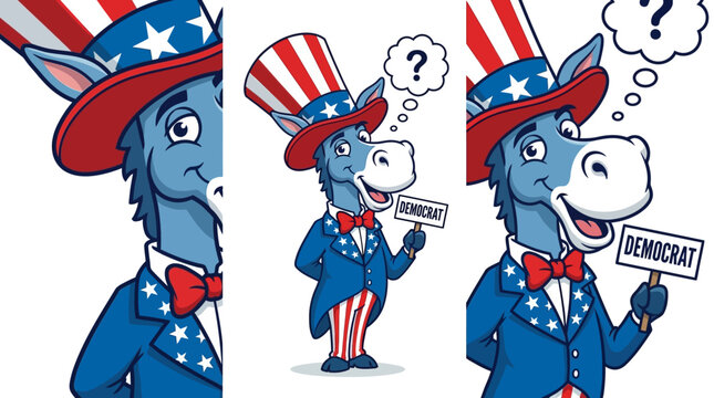 Uncle Sam Donkey Wearing a Top Hat and Suit, Emblematic of the Democratic Party, Posing Questioningly