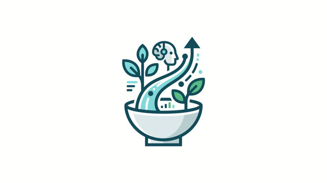 A bowl with a plant growing out of it and an arrow pointing upwards.