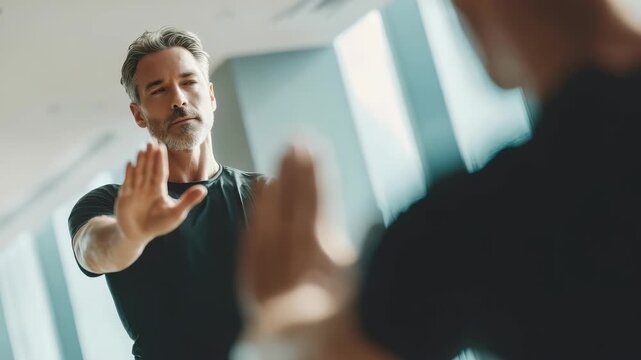 Focused mature man practicing tai chi in a modern bright studio, maintaining concentration and balance. Mindful movement and wellness concept for healthy lifestyle inspiration