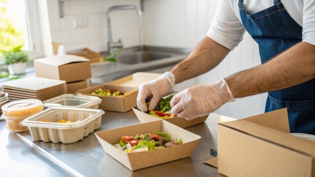 A person wearing gloves and an apron prepares healthy meals in eco-friendly containers in a clean kitchen environment, focusing on fresh ingredients.